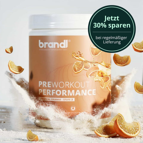 Brandl preworkout performance in tropischer orange geschmack mit zylindrischem behälter und bernsteinfarbenem etikett