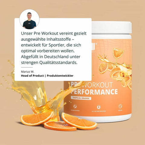 Weiße zylindrische dose mit tropischem orangengeschmack pre workout pulver und orangefarbener zitrusetikettierung