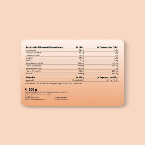 Beige rechteckiges nutrition label auf der rückseite von preworkout performance 500g von nutrition gmbh