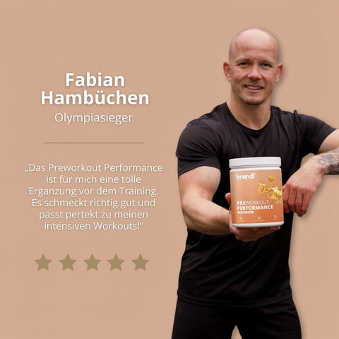 Orange und weiße dose brandi preworkout performance pulver für leistungssteigerung beim training