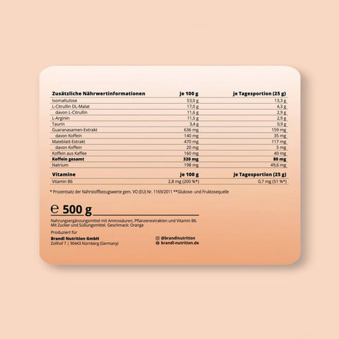 Die rückseite eines 500g brandnutrition preworkout performance packs zeigt detaillierte nährwertangaben auf deutsch