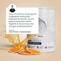 Weißer zylinderförmiger preworkout performance container mit marmorierter oberfläche und schwarzem linienkunstdesign