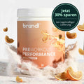 Brandl preworkout performance in tropical orange flavor in an orange and white cylindrical container with citrus design