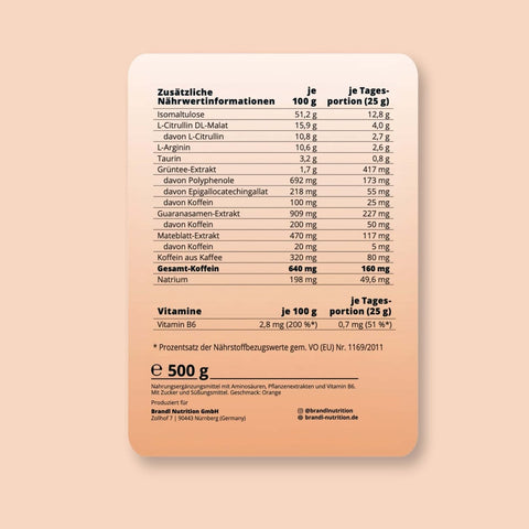 Die rückseite eines weißen rechteckigen nutrition labels von brandnutrition für preworkout performance 500g mit nährwertangaben
