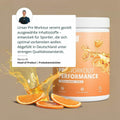 Orange getönter zylinderförmiger behälter mit weißem deckel und tropischem orangendesign für pre workout performance