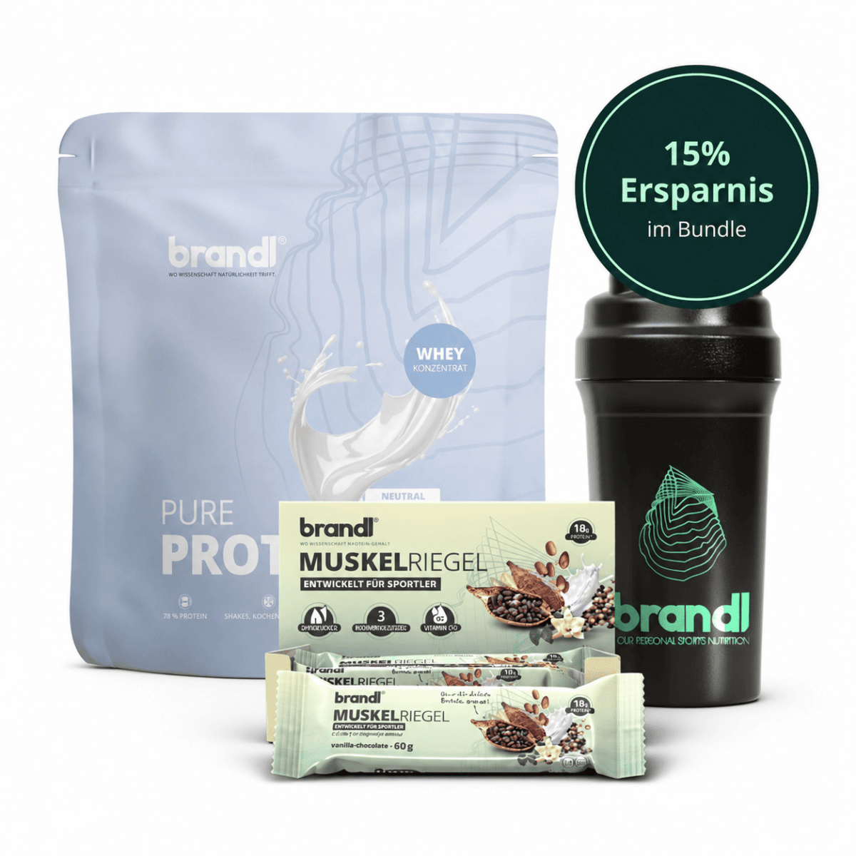 Schwarze brandl shakerflasche mit grünem logo und text im protein basic bundle für proteinshakes und smoothies