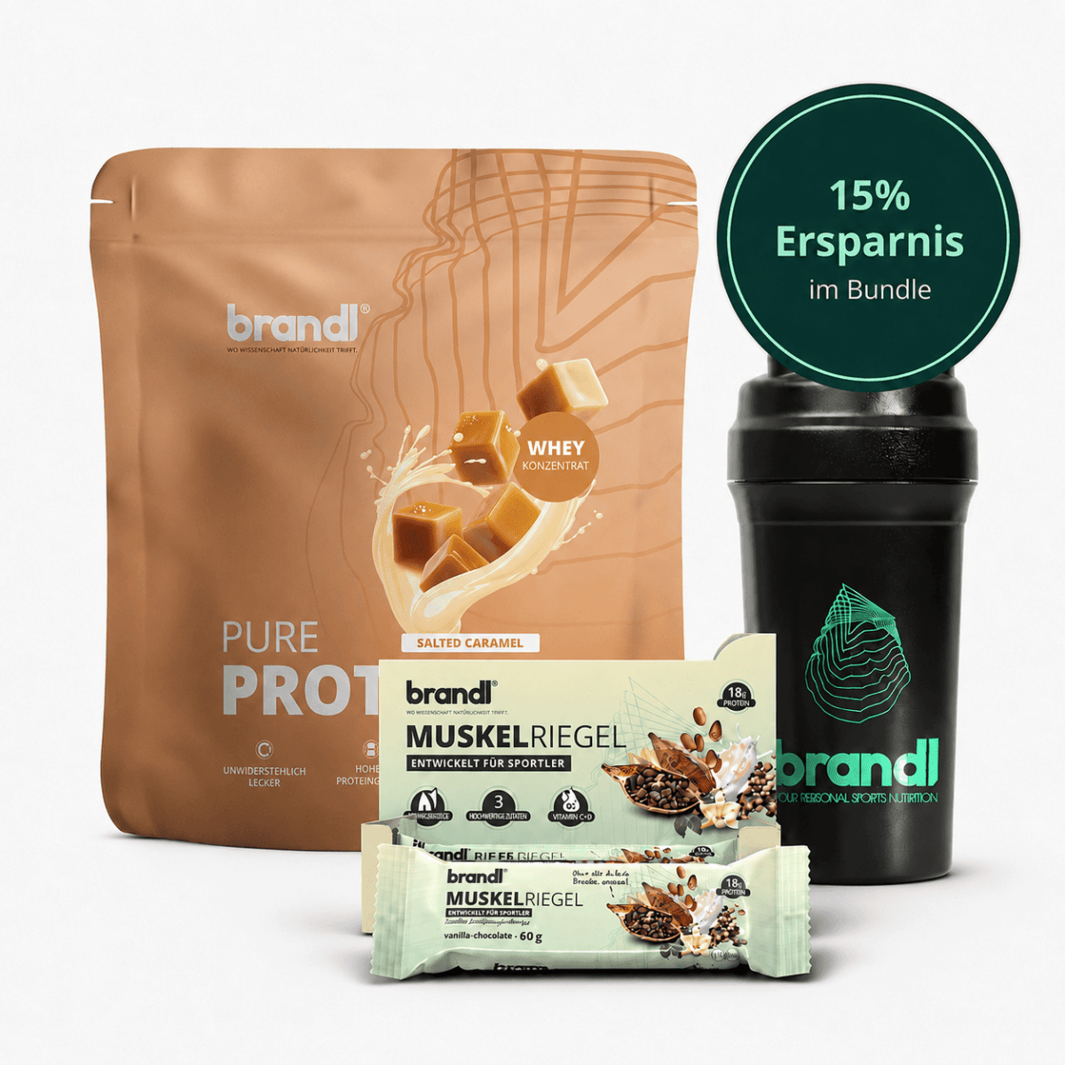 Braune und weiße proteinpulverpackung mit karamellbild neben schwarzer shakerflasche mit grünem logo im protein basic bundle