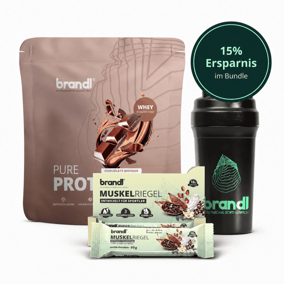 Schwarze shakerflasche mit grünem logo und text aus protein basic bundle für sporternährung