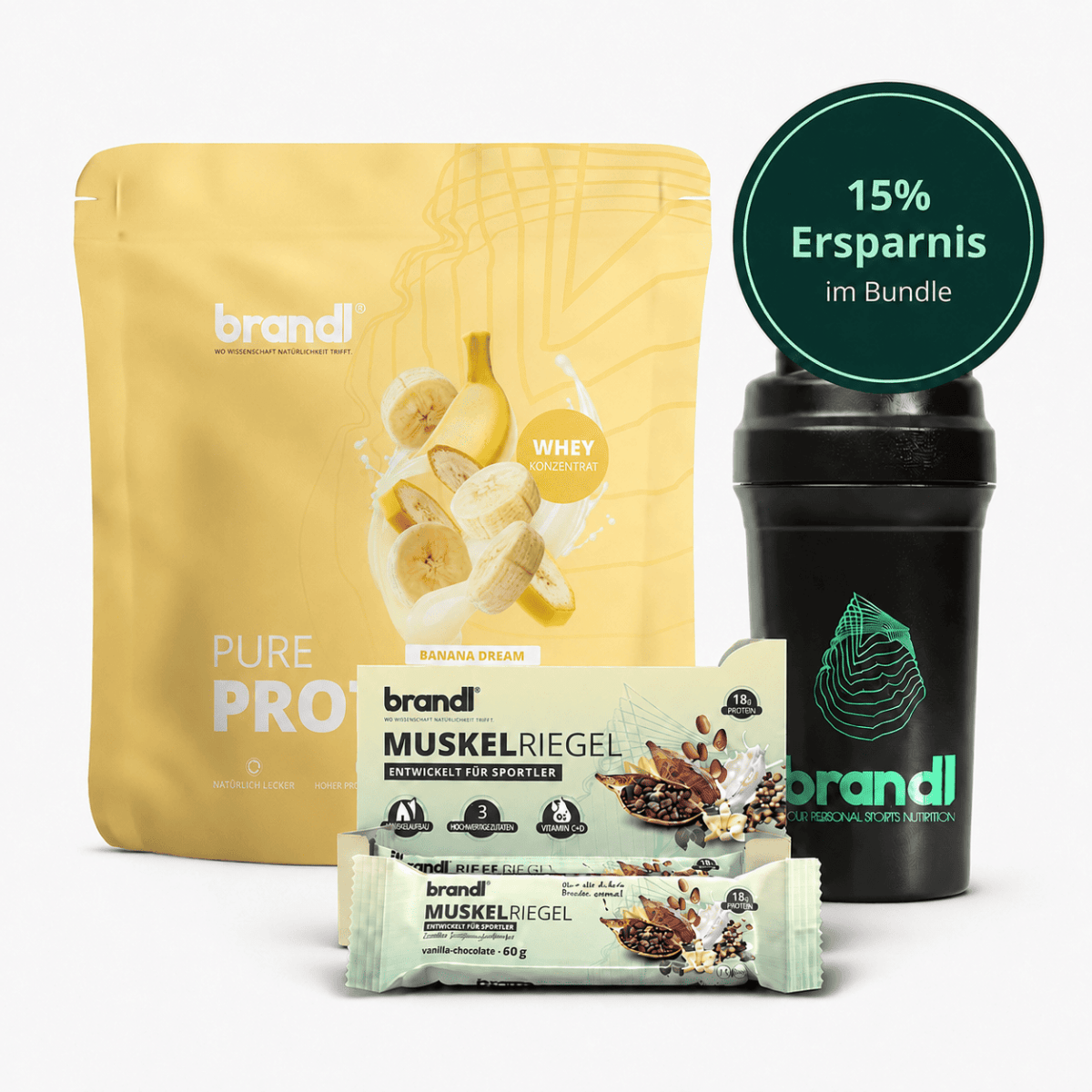 Gelbes bananenwhey proteinpulver im basic bundle mit markenlogo und bananenscheiben auf der verpackung