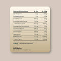 Cremefarbener rechteckiger nahrungsetikett mit abgerundeten ecken zeigt nährwertangaben für 300g pure greens superfoods pulver von brandl nutrition rückseite