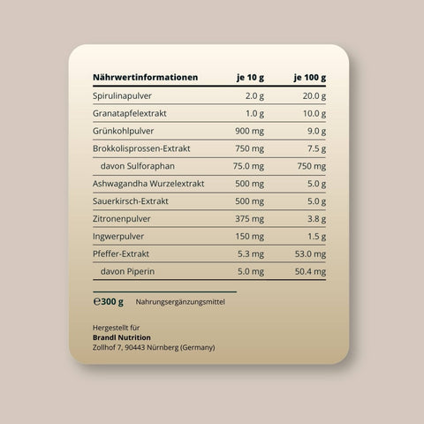 Cremefarbener rechteckiger nahrungsetikett mit abgerundeten ecken zeigt nährwertangaben für 300g pure greens superfoods pulver von brandl nutrition rückseite