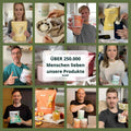 Gelber proteinpulverbeutel mit brand-logo und stilisiertem kaninchen pure greens superfoods pulver