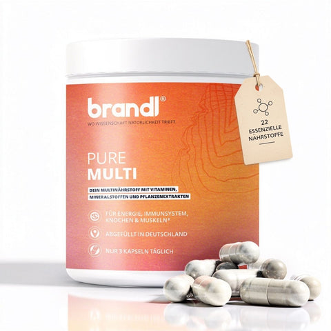 Brandl pure multi multivitamin kapseln mit orange-weißem etikett und silbernen kapseln daneben