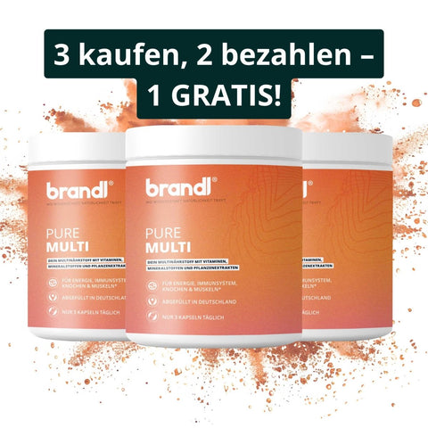 Drei orange weiße zylindrische behälter der marke brandl pure multi multivitamin supplement pure multi kapseln angebot