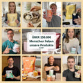 Gelbe vegane proteinpulververpackung pure protein 2.0 mit weißem logo und text