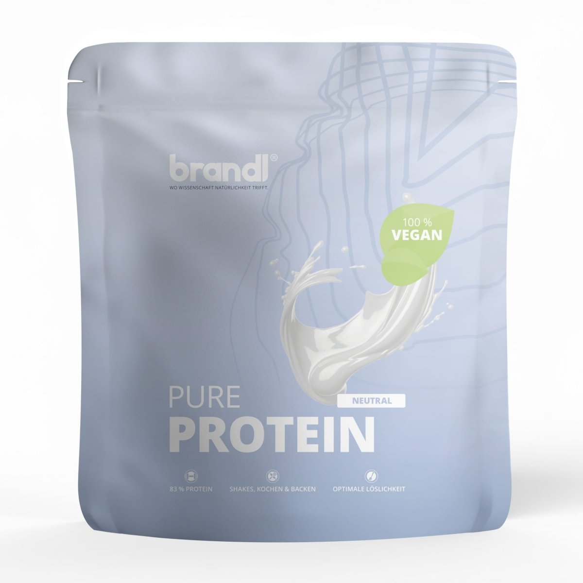 Ein schlauchbeutel von brandl pure protein 20 vegan in hellblau mit minimalistischer milchspritzgrafik und 100% vegan emblem