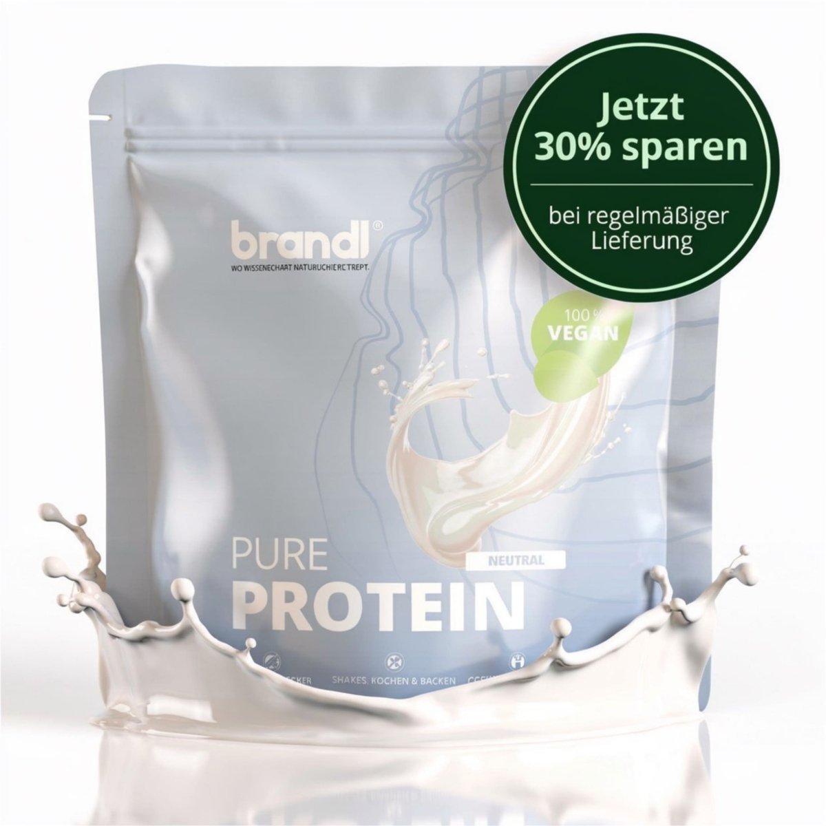 Silberne pouch von brandl pure protein 2.0 vegan mit neutraler kennzeichnung und pflanzlichem proteinpulver