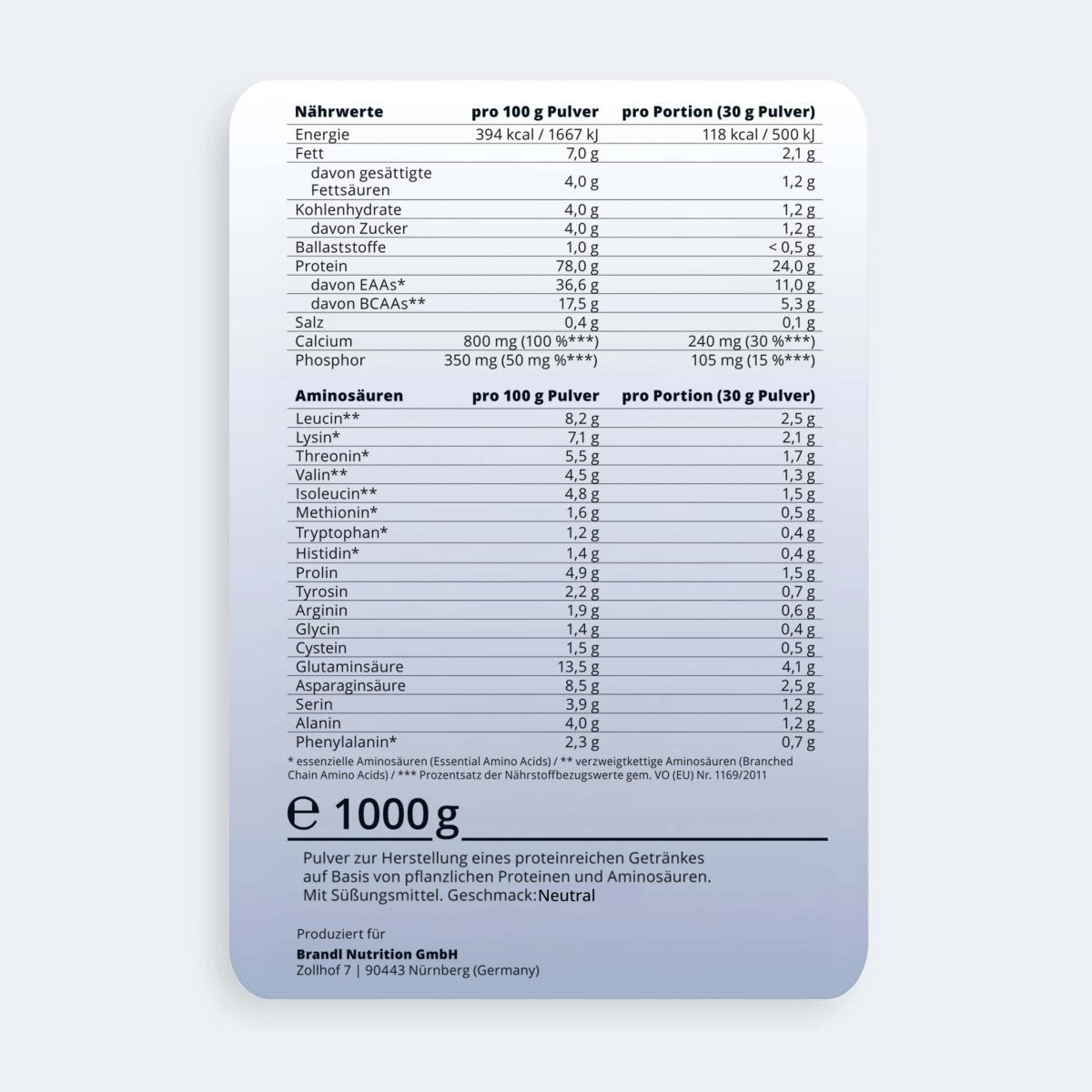 Weißes rechteckiges etikett mit schwarzen texten zur nährwertangabe auf der rückseite von pure protein 2.0 vegan pulver 1000g