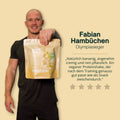 Eine goldgelbe pouch veganes proteinpulver bananengeschmack mit markenname brand und bananenscheiben auf der front