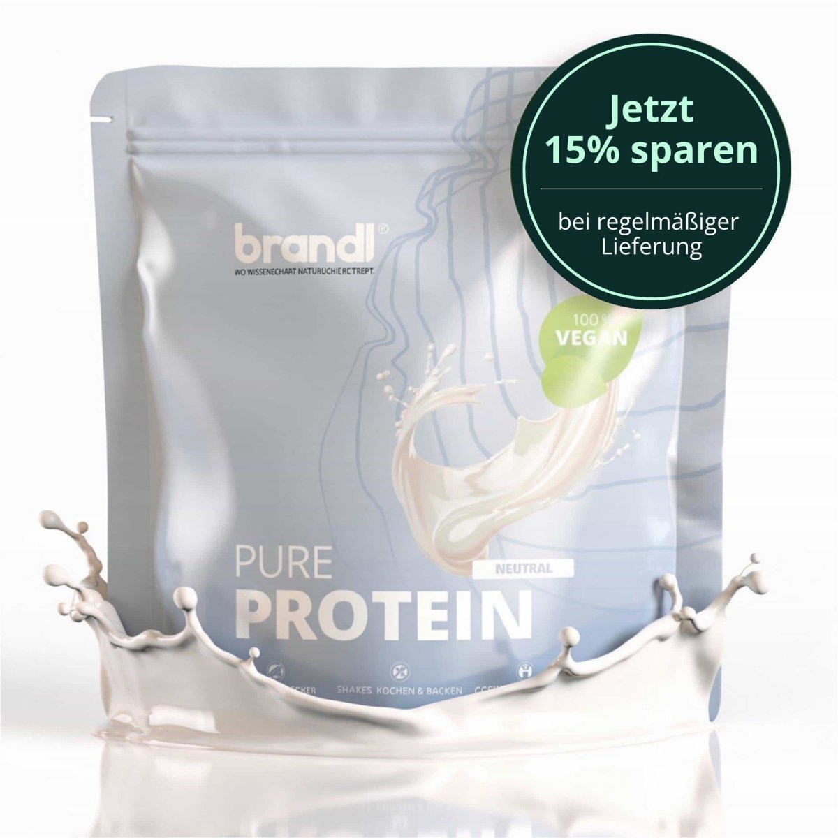 Silberne pouch von brandl pure protein 2.0 vegan pulver mit splash design und 100 prozent vegan label