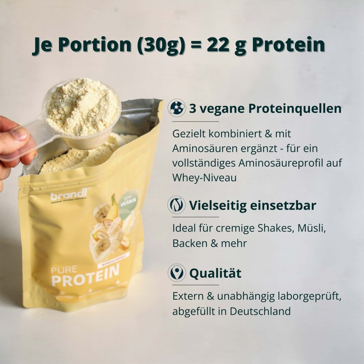 Yellow pouch of brandl pure protein 2.0 vegan powder banana flavor with german vegan protein source label