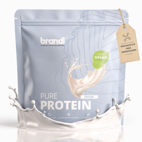 Ein schlanker silberner beutel brandl pure protein 2.0 vegan mit minimalistischer creme splash grafik und vegan zertifizierung