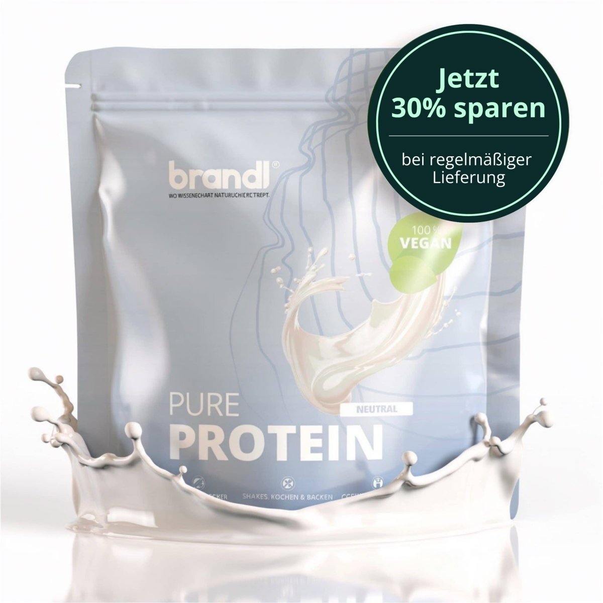 Ein eleganter silberner beutel pure protein 2.0 vegan von brandl mit neutralem geschmack und glänzendem design