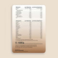 Beige rechteckiges nutrition label mit makronährstoffen und aminosäuren für 1000g veganes proteinpulver pure protein 2.0 rückseite