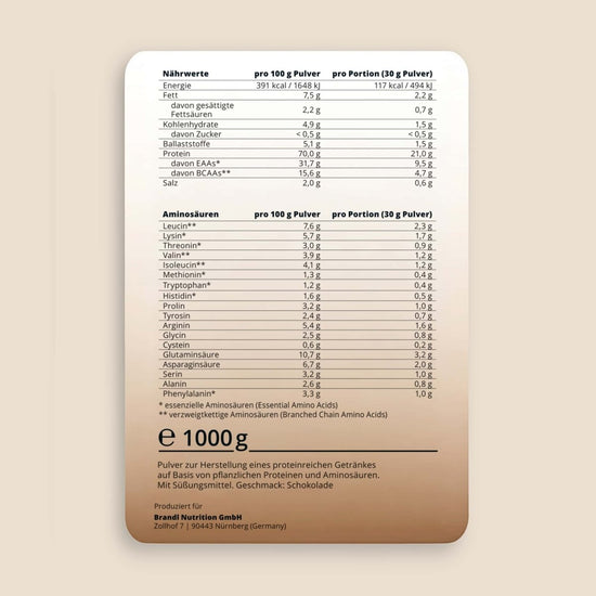 Beige rechteckiges nutrition label mit makronährstoffen und aminosäuren für 1000g veganes proteinpulver pure protein 2.0 rückseite