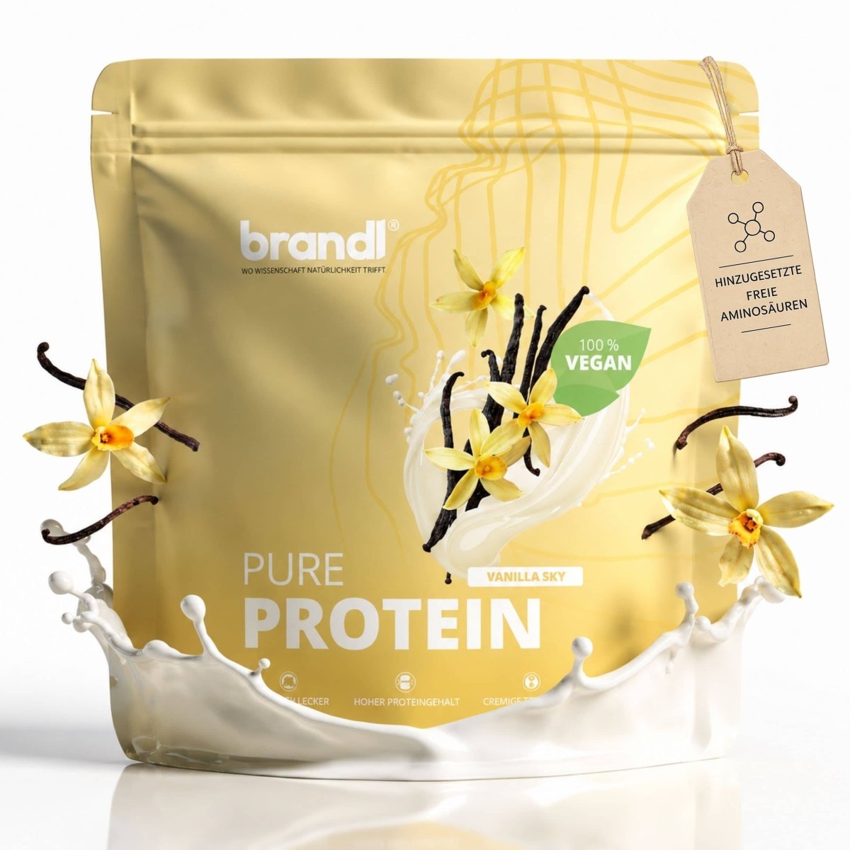 Goldfarbener wieder verschließbarer beutel pure protein 2.0 vegan vanilla sky mit vanilleblüten und bohnen illustrations