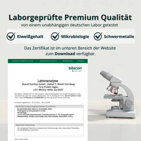 Laborgeprüftes veganes Proteinpulver neutral – getestet auf Eiweißgehalt, Schwermetalle und Mikrobiologie in Deutschland