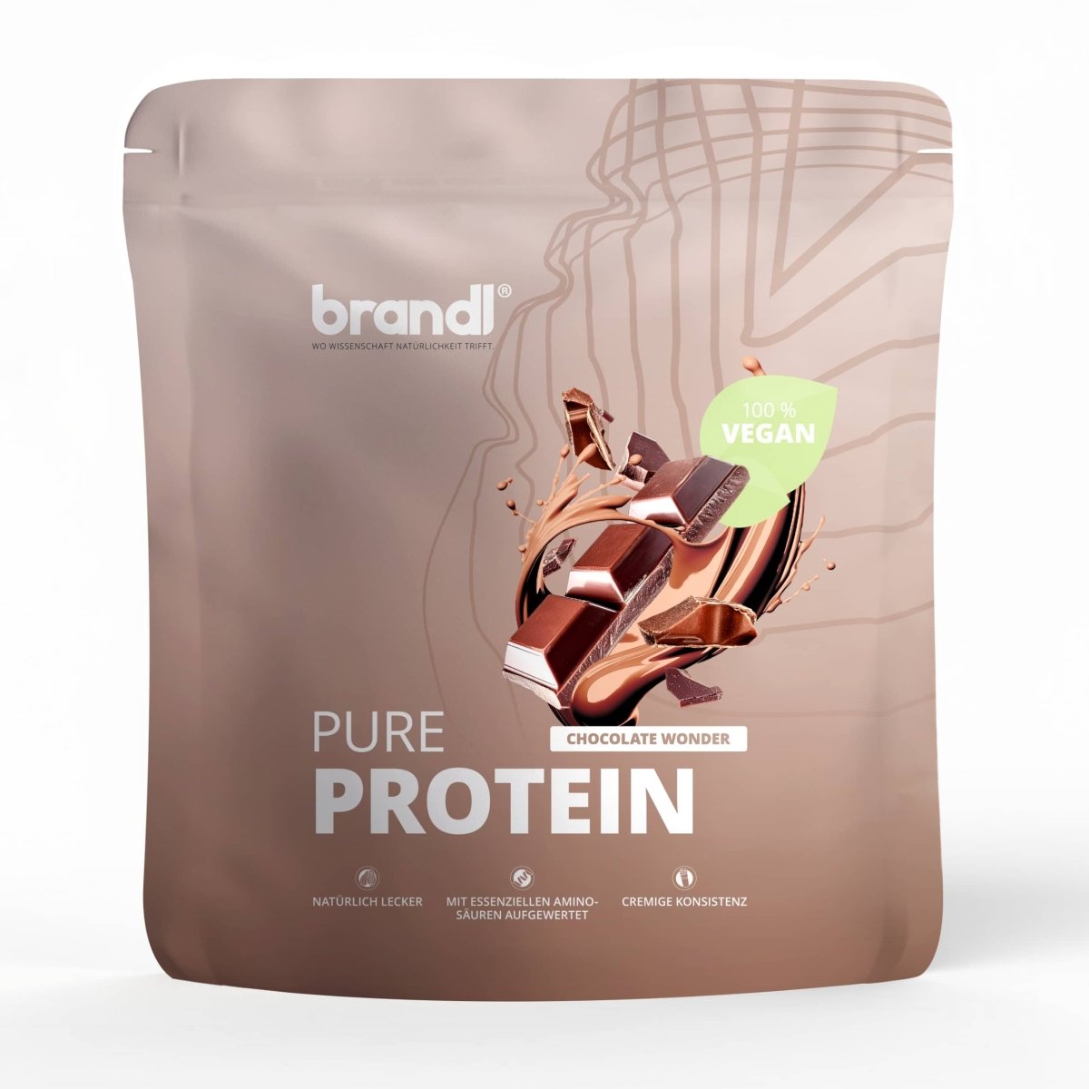 Brandl pure protein 2.0 vegan schokoladenpulver in matter brauner tasche mit glänzender tafel und grünem 100 prozent vegan label