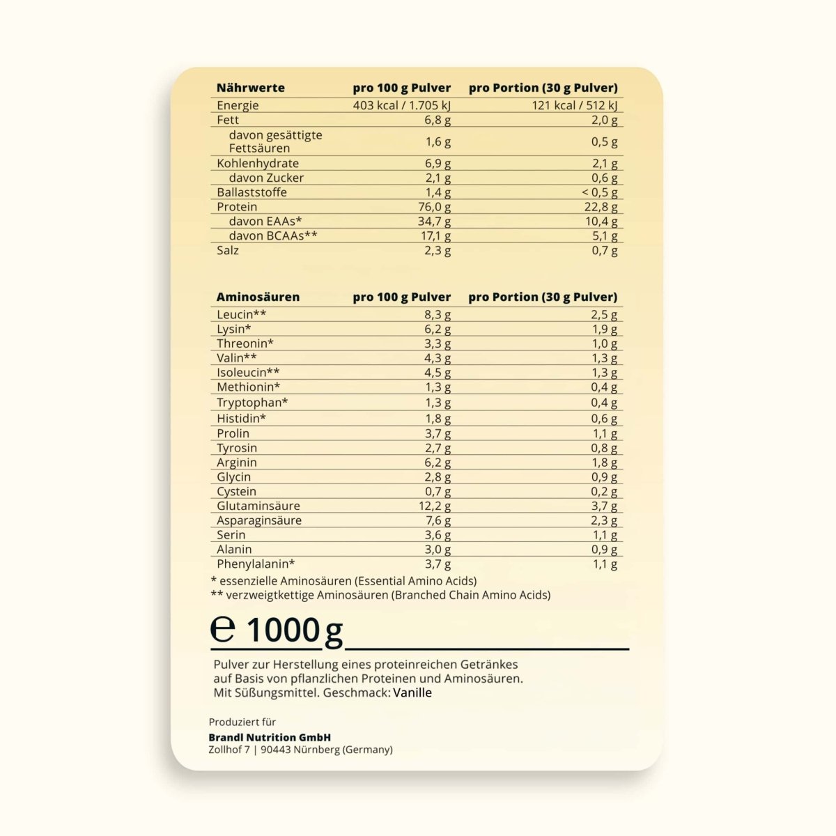 Beige rechteckiges etikett der rückseite von brandl nutritions pure protein 2.0 1000g veganes proteinpulver vanillegeschmack mit nährwertangaben
