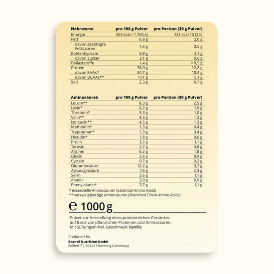Beige rechteckiges etikett der rückseite von brandl nutritions pure protein 2.0 1000g veganes proteinpulver vanillegeschmack mit nährwertangaben