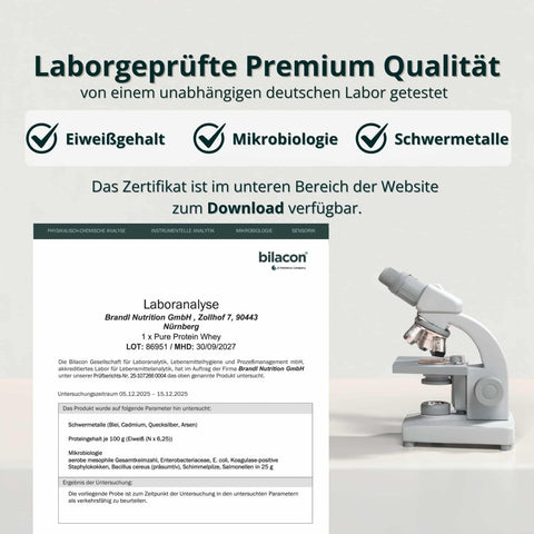 brandl Whey Protein Neutral laborgeprüft – getestet auf Eiweißgehalt, Mikro­biologie und Schwermetalle