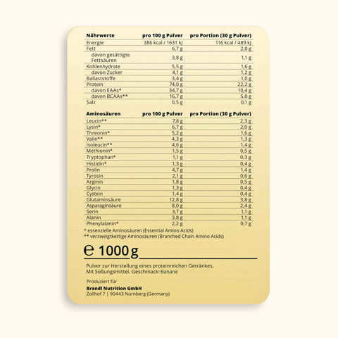 Beige rechteckiges nährwertetikett der rückseite von pure protein 2.0 whey 1000g proteinpulver von brandl nutrition gmbh