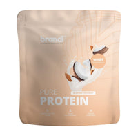 Beige wiederverschließbarer pure protein 2.0 whey beutel mit mandel kokos geschmack und milchillustrationen