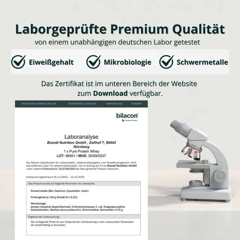 brandl Whey Protein laborgeprüft – getestet auf Eiweißgehalt, Mikro­biologie und Schwermetalle durch unabhängiges Labor