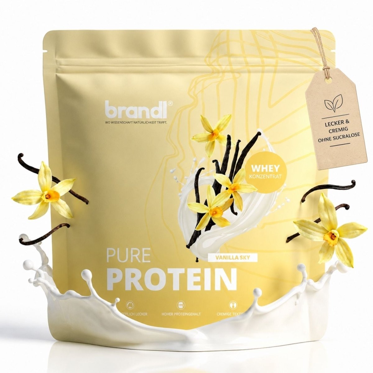 Brandl pure protein 2.0 whey vanilla flavor konzentrat in goldenem beutel mit vanilleschote und blütenillustration