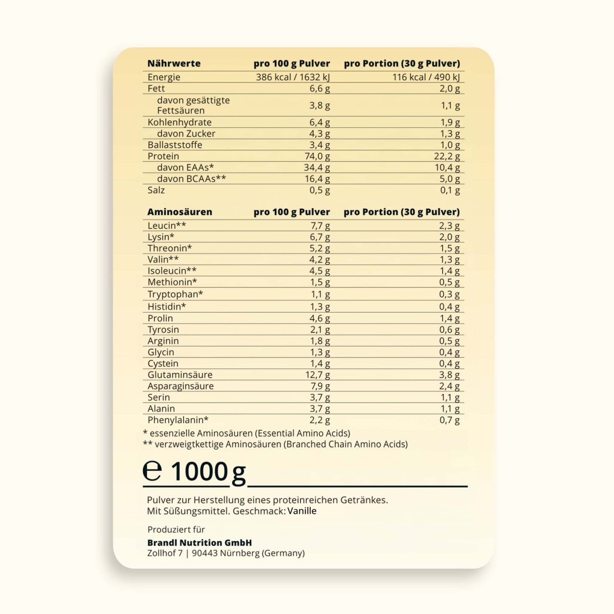 Beige rechteckiges nährwertetikett auf der rückseite von brandl nutrition gmbh pure protein 2.0 whey 1000g mit deutschen angaben
