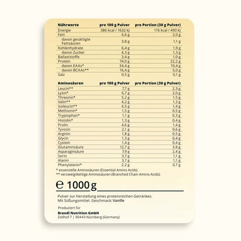 Nährwerte brandl Whey Protein Vanille – Aminosäurenprofil, BCAAs und hoher Proteingehalt pro Portion