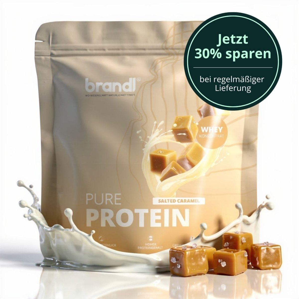 Brandl pure protein 2.0 salted caramel whey eiweiß in metallic gold pouch mit karamellstücken und milchspritzern