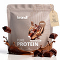 Brandl pure protein 2.0 whey concentrate schokolade in matter silberverpackung mit schokoriegel und splash grafik