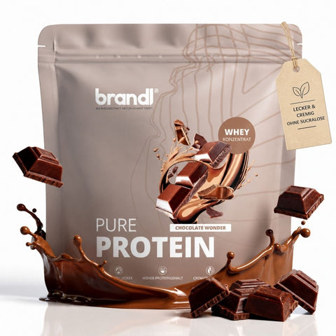 Brandl pure protein 2.0 whey concentrate schokolade in matter silberverpackung mit schokoriegel und splash grafik