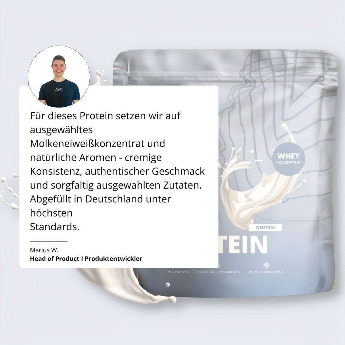 Silberner und weißer whey protein concentrate beutel pure protein 2.0 mit modernem design und milchspritzer illustration