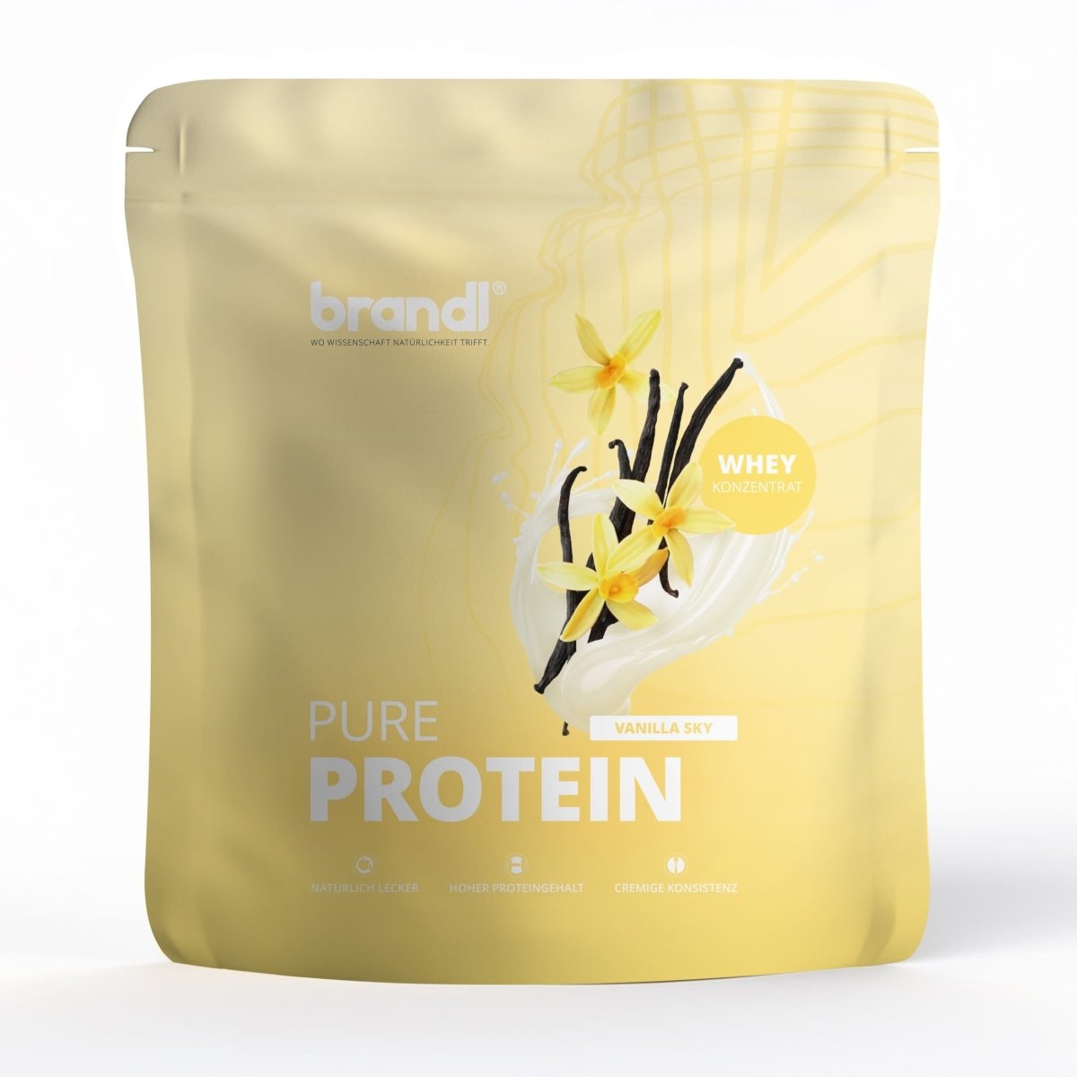 Eine gelbe pouch von brandl pure protein 2.0 whey in vanillegeschmack mit schwarzen vanilleschoten und gelben blumen