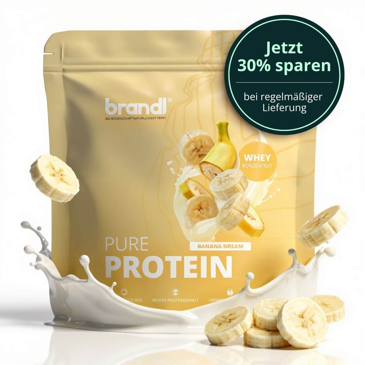 Goldfarbener wiederverschließbarer beutel pure protein 2.0 whey banana dream mit bananen- und milchspritzdesign