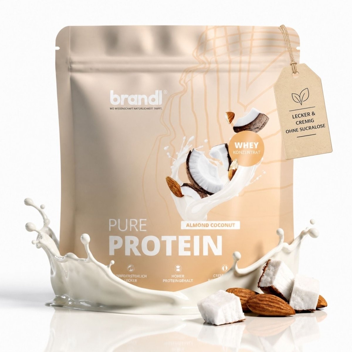 Beige pouch of pure protein 2.0 whey almond coconut flavor with resealable zipper and decorative tag