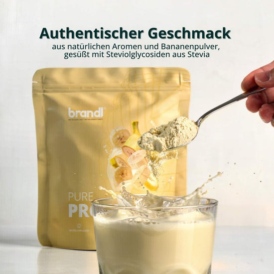 Goldfarbener pouch von brandl pure pro protein powder bananengeschmack für pure protein 2.0 whey