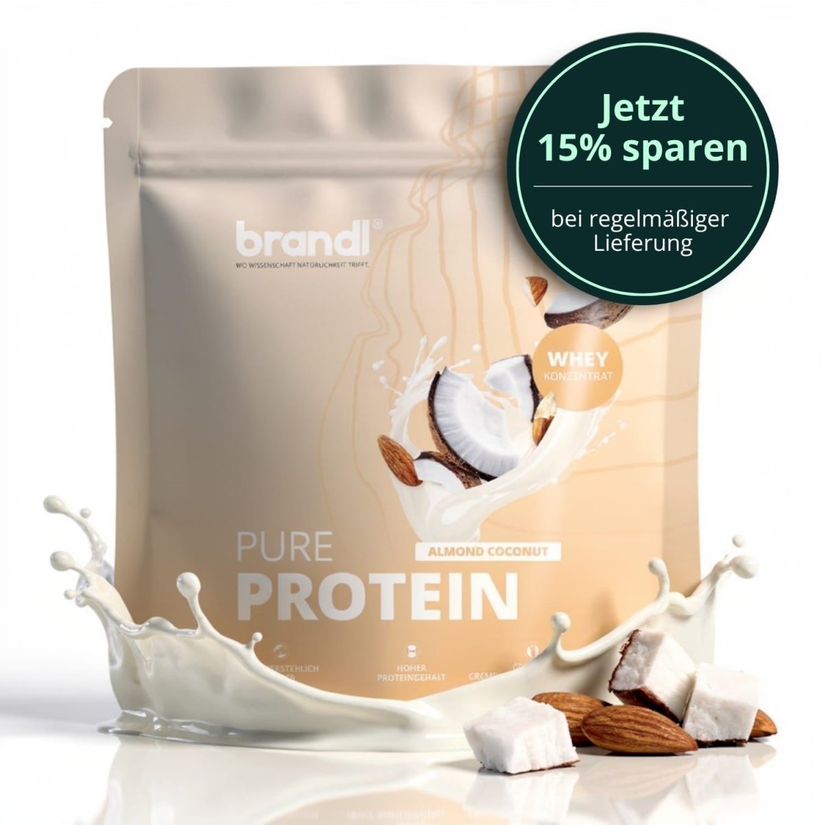 Brandl pure protein 2.0 whey almond kokos geschmack in beige wiederverschließbarer pouch mit mandeln kokosstücken und milchspritzern